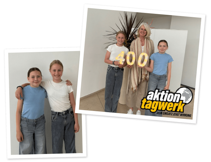 Aktion Tagewerk – Isabella van Hamme mit Mila und Thea, zwei engagierten Schülerinnen der KVG Realschule Aktion Tagewerk – Isabella van Hamme mit Mila und Thea, zwei engagierten Schülerinnen der KVG Realschule